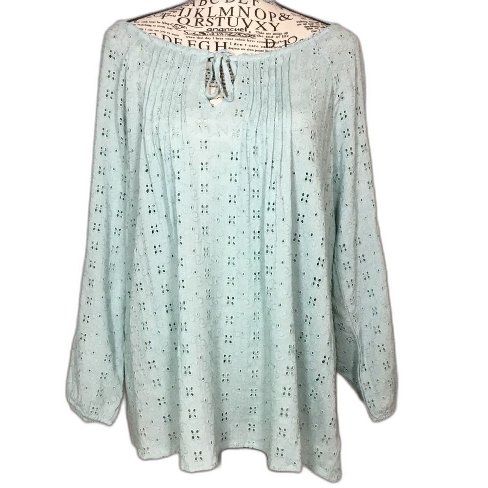 Aqua eyelet lace tunic top keyhole tie front lace 3/4 sleeve New Directions L